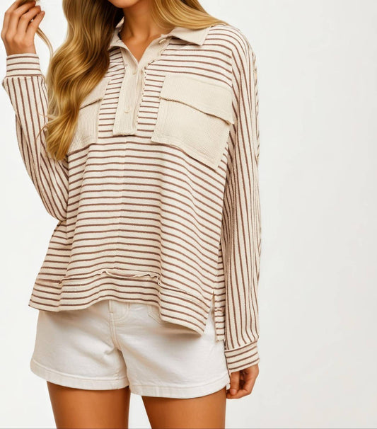 Knit & Lounge - Striped Long Sleeve Waffle Knit Pullover Top