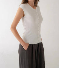 Elle Grey - Ribbed Cap Sleeve Button Knit Top