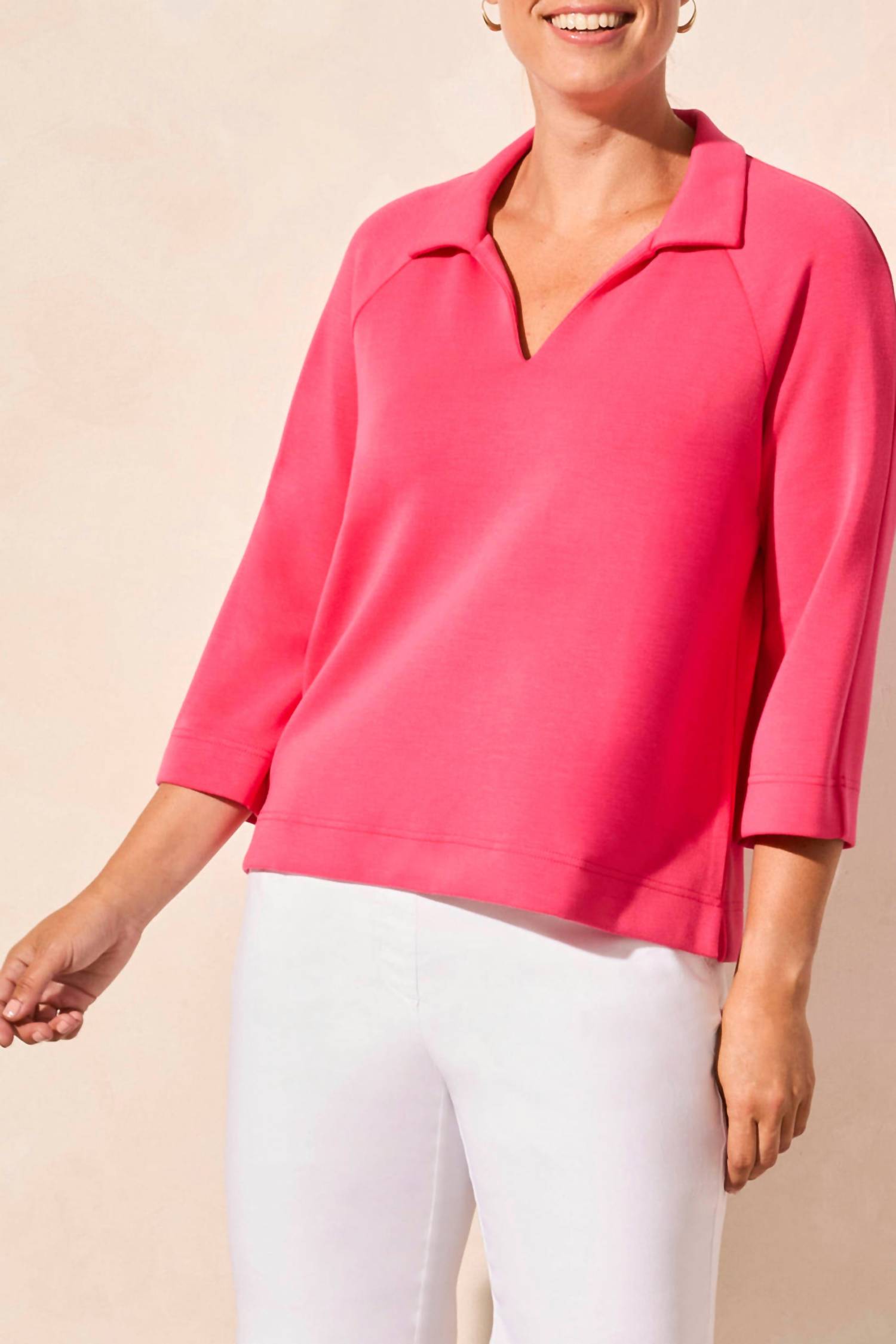 Tribal - 3/4 Sleeve Henley Top With Side Slits