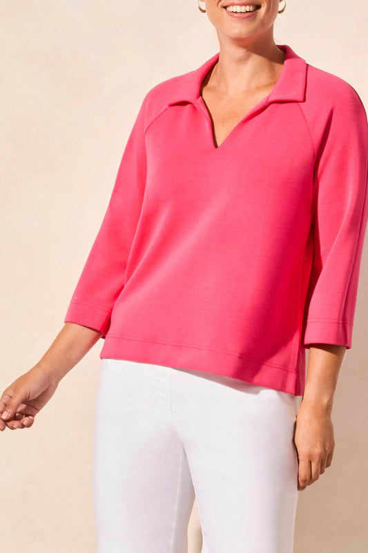 Tribal - 3/4 Sleeve Henley Top With Side Slits