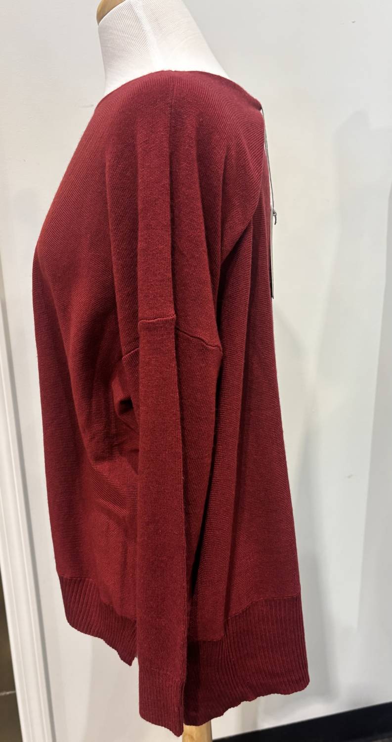 Shana Apparel Relaxed Boat Neckline Sweater in ruby - women's sweater - detail view