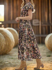 entro Floral Puff Sleeve Midi Dress in chocolate - women's dress - view 4
