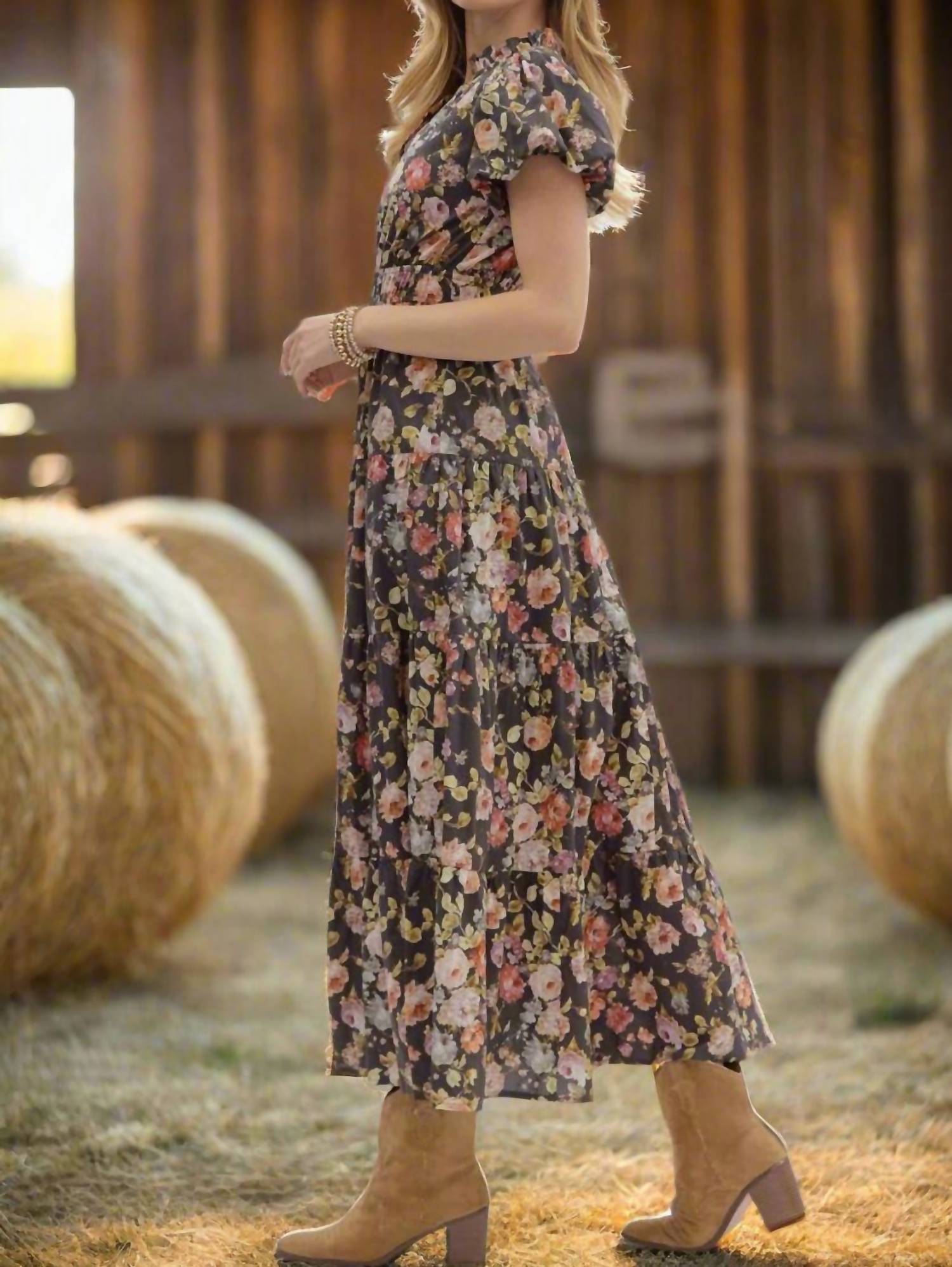 entro Floral Puff Sleeve Midi Dress in chocolate - women's dress - view 4