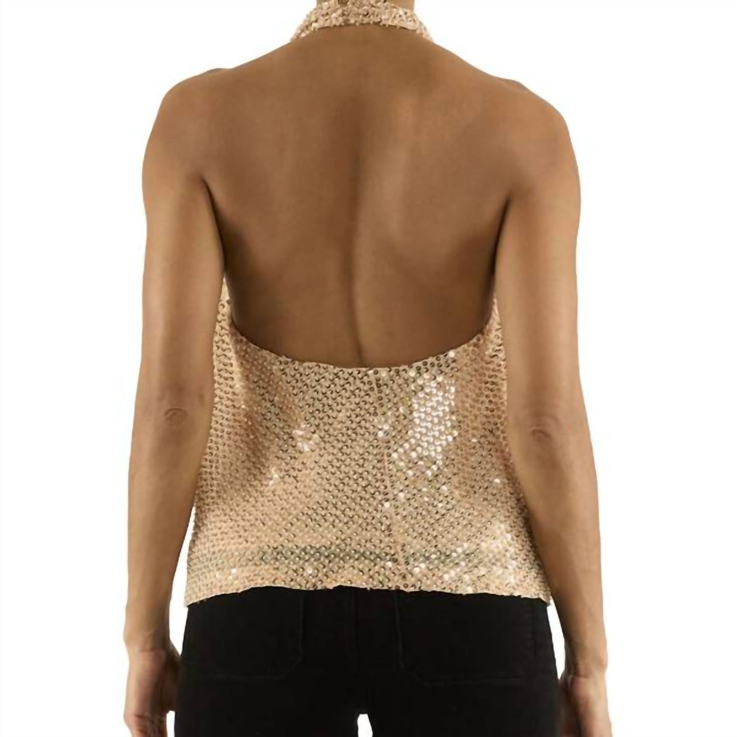Ramy Brook Alice Beaded Sequin Cowl Neck Halter Top in gold - women's blouse - detail view