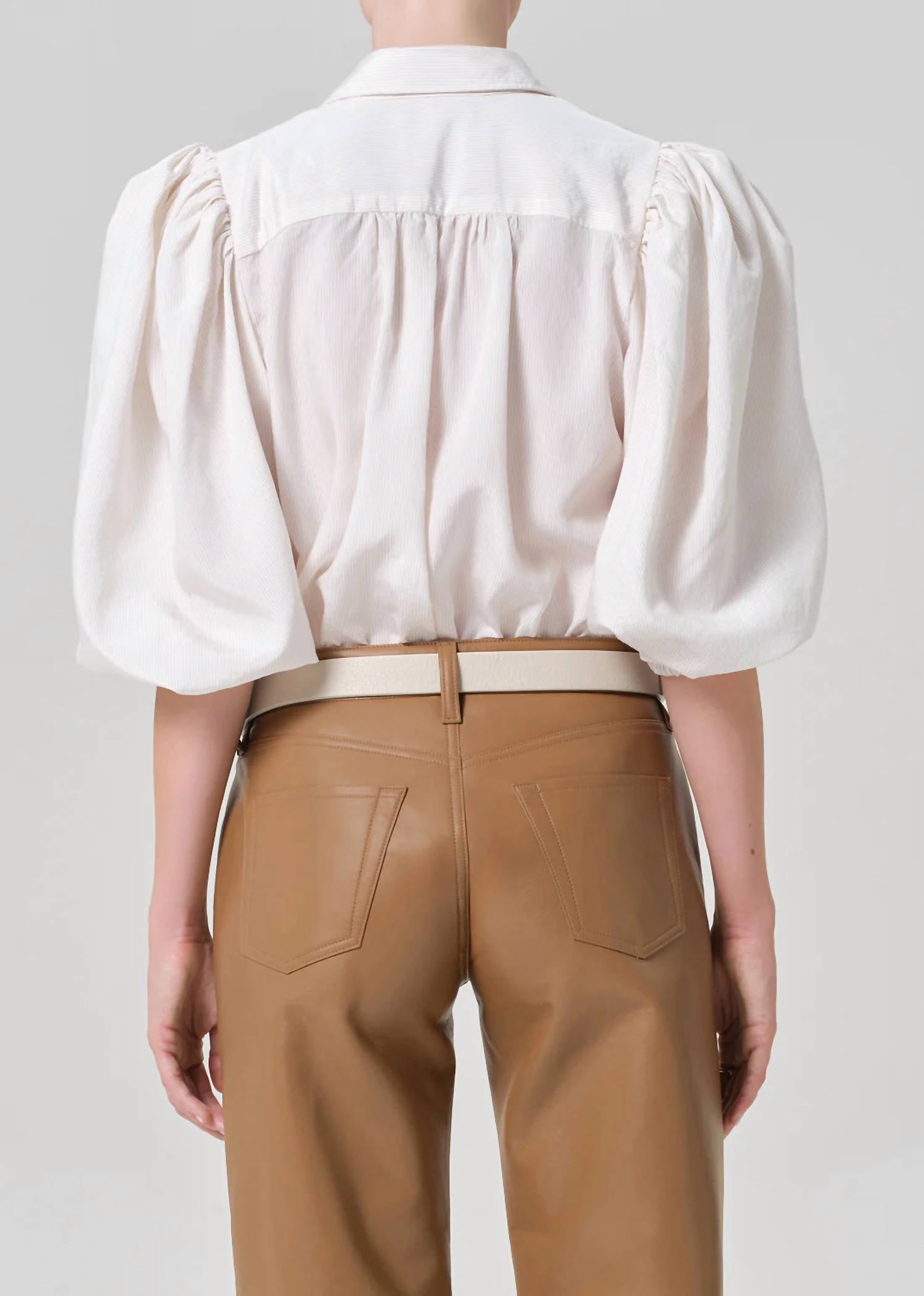 Citizens of Humanity Anya Puff Sleeve Shirt in sand microstripe - women's blouse - alternate view