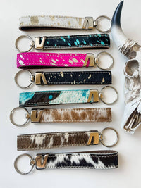 Boho Ranch Hair-on Cowhide Wristlet Keychain in brown turquoise - women's accessory - alternate view