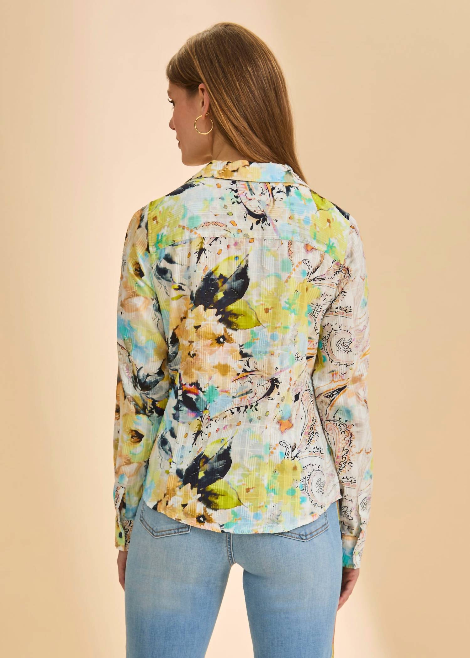 Fdj - Split Neck Print Long Sleeve Cotton Print Blouse