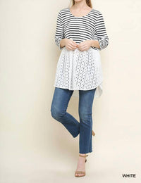 Umgee - Striped & Eyelet Babydoll Top