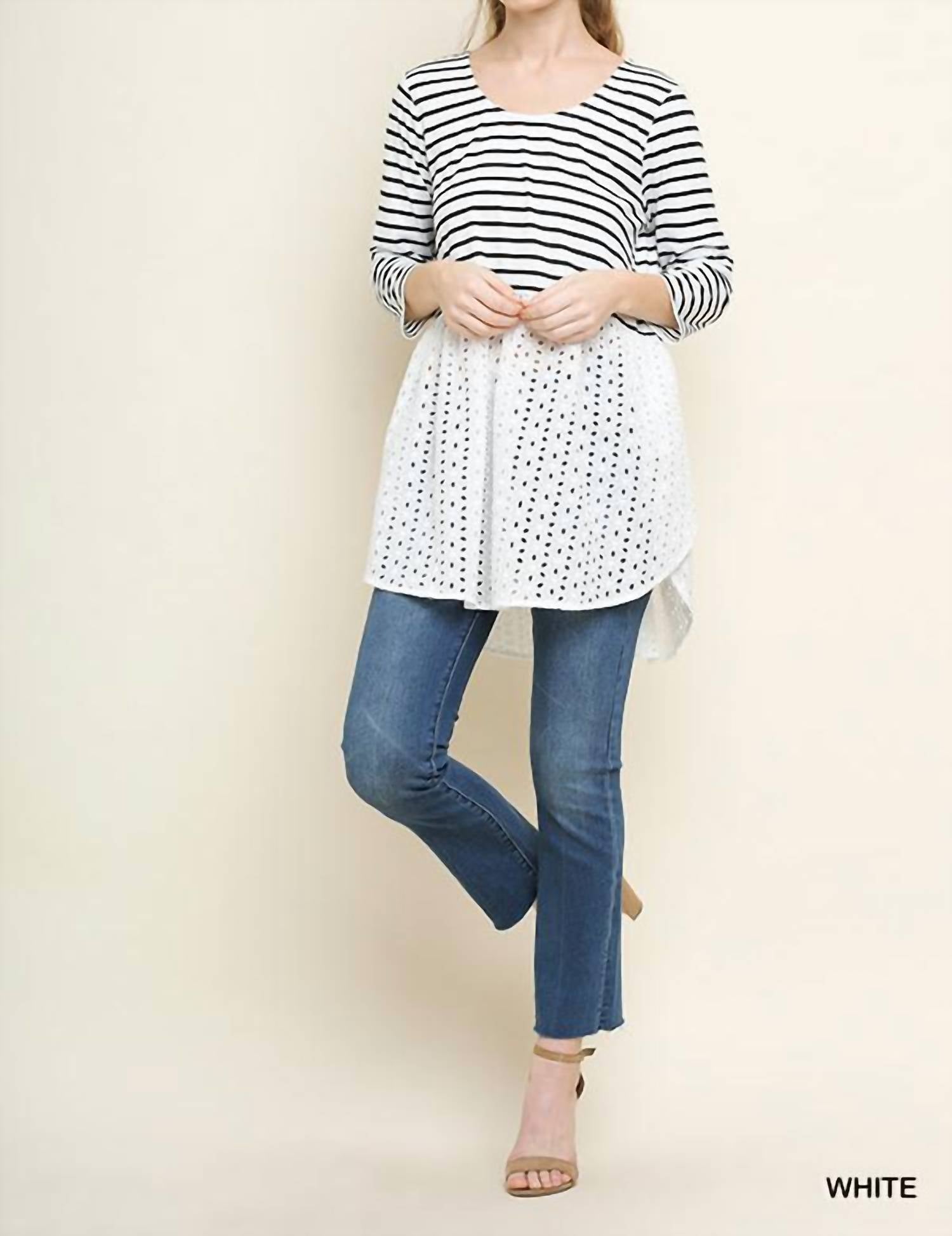 Umgee - Striped & Eyelet Babydoll Top
