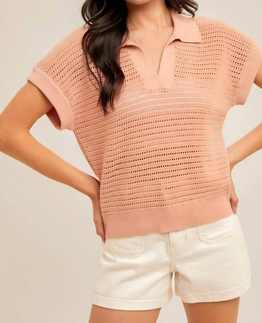 Knit & Lounge - Short Sleeve Collared Pointelle Knit Top