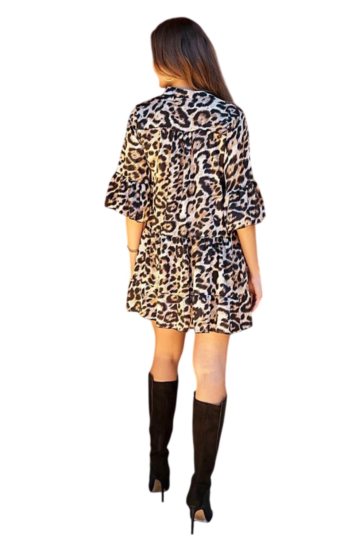 Venti6 - Giorgina Leopard Print Bell Sleeve Ruffle Dress