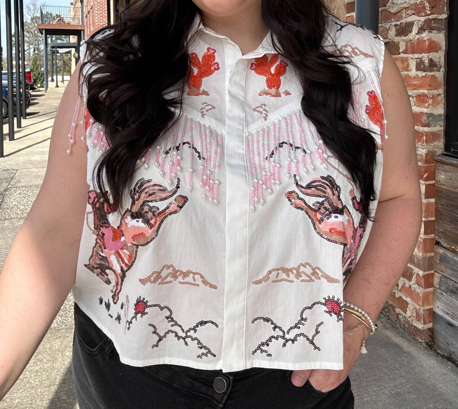 Queen Of Sparkles - Women's Bucking Cowgirl Fringe Top