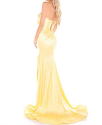 AMARRA Satin Strapless With Bow Accent Gown in light yellow - women's dress - detail view