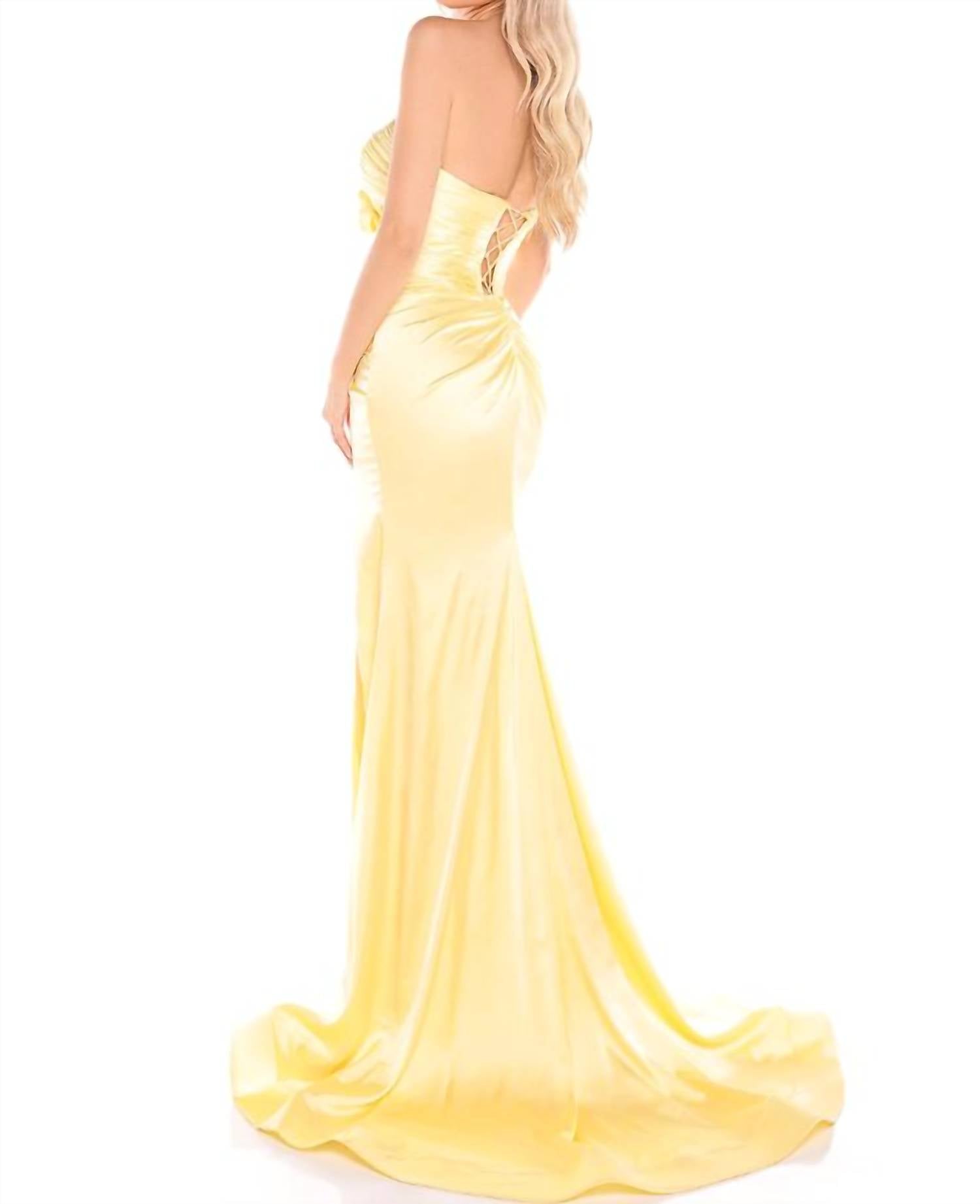 AMARRA Satin Strapless With Bow Accent Gown in light yellow - women's dress - detail view