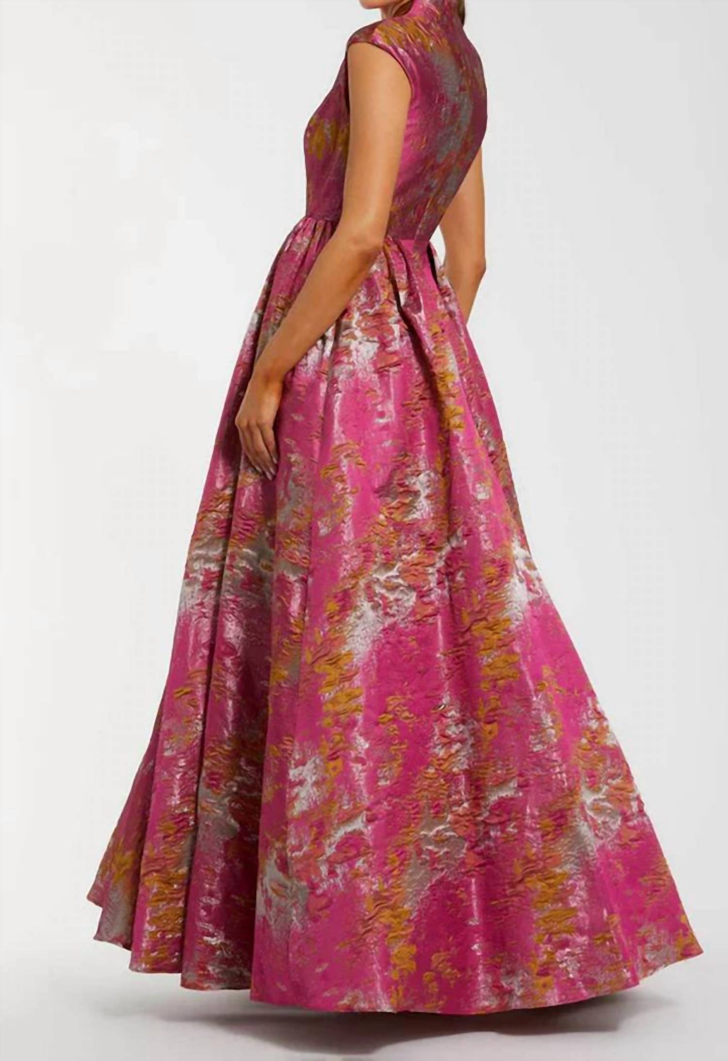 MAC DUGGAL Metallic Brocade Mandarin Collar V-Neck Gown in rasberry multi - women's dress - detail view
