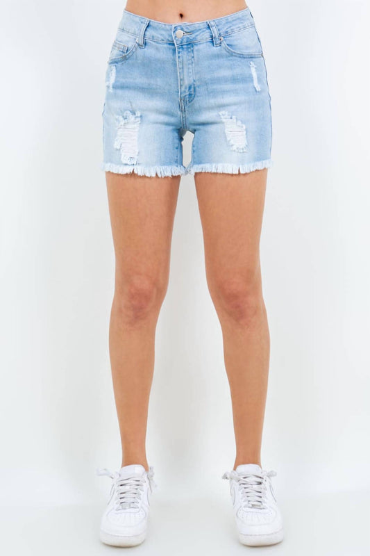 American Bazi - High Waist Distressed Frayed Denim Shorts