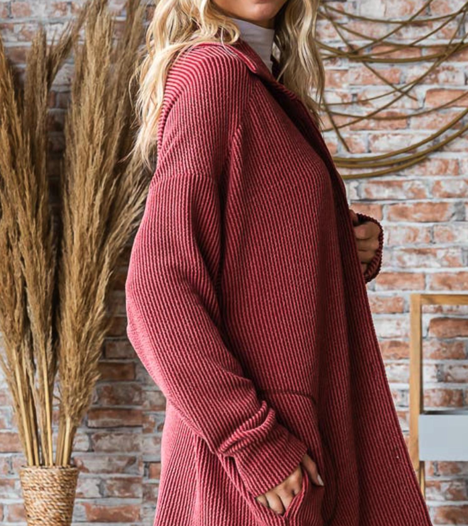 7th Ray Rib Button Down Side Pocket Shacket - Plus Size in burgundy - women's jacket - alternate view