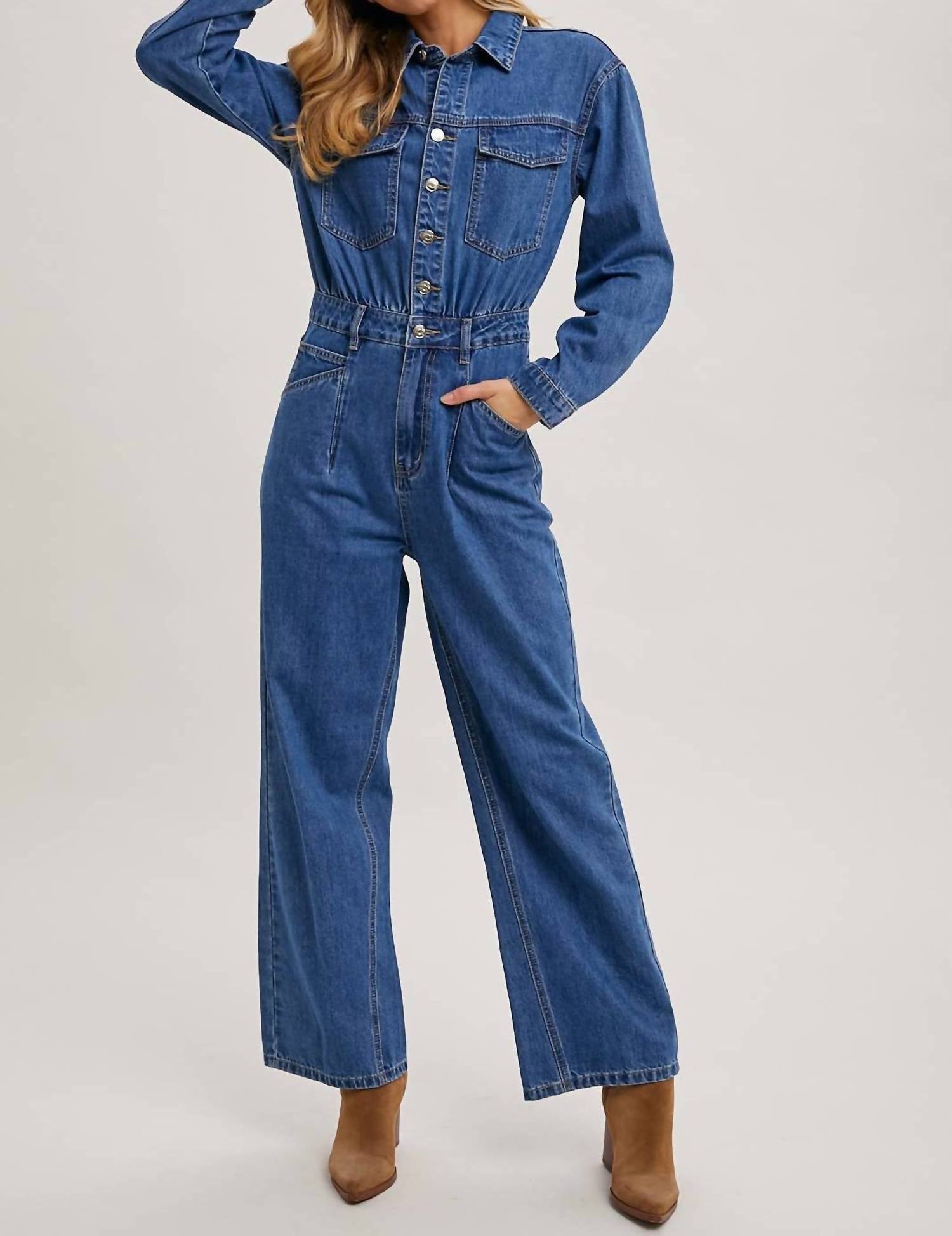 Bluivy - Button Down Denim Straight Leg Jumpsuit