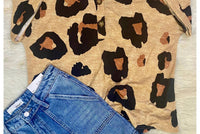 Sephior - Leopard Print V-neck Henley Top