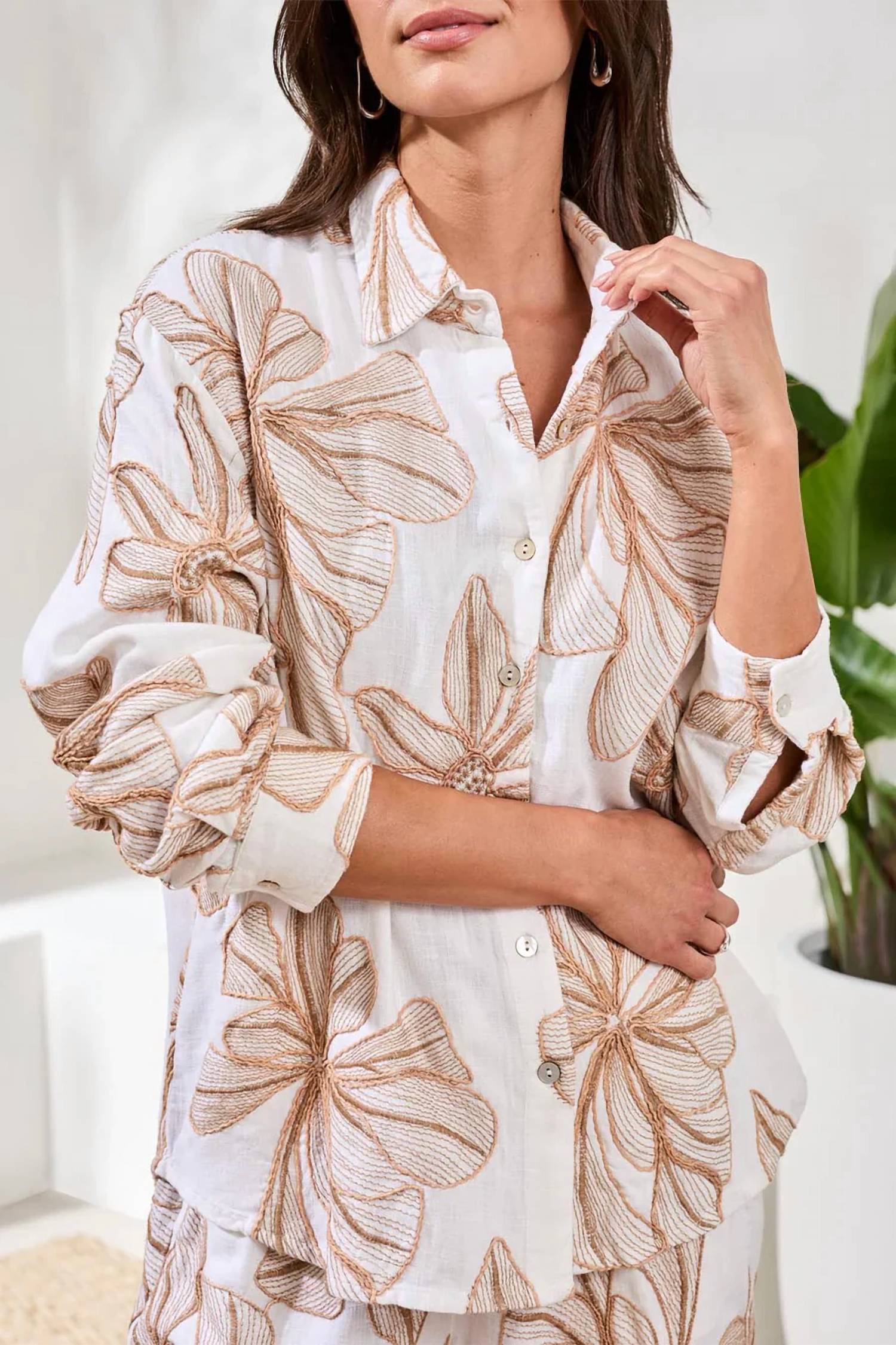 Tribal - Embroidered Crosshatch Button-front Blouse