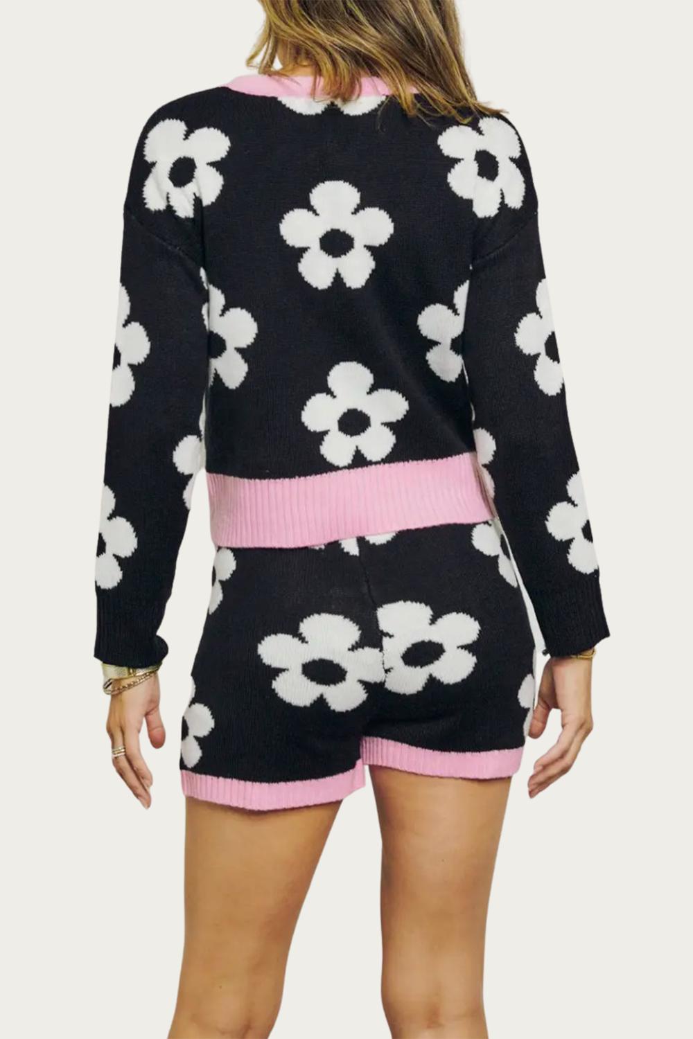 RETRO FLORAL KNIT CREWNECK CROPPED SWEATER