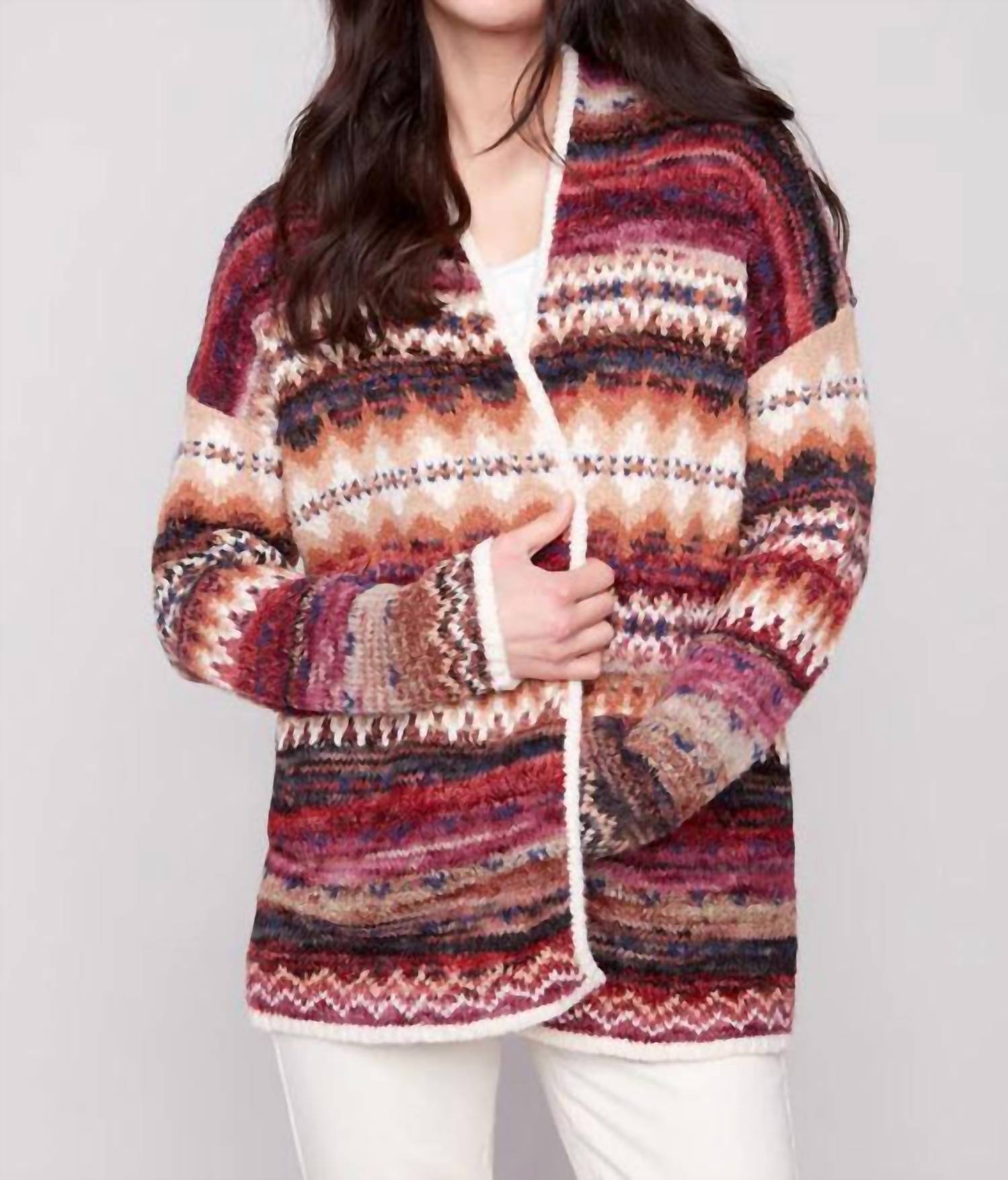 Charlie B - Long Jacquard Cardigan with Patch Pockets