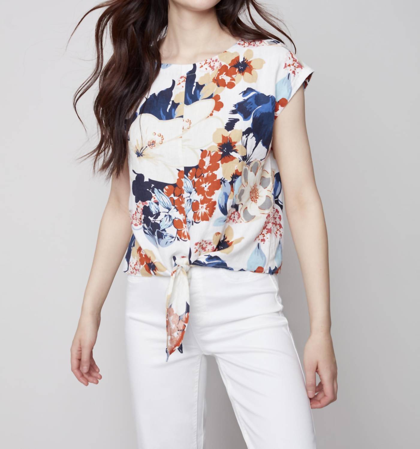 Charlie B - Printed Front-tie Linen Top