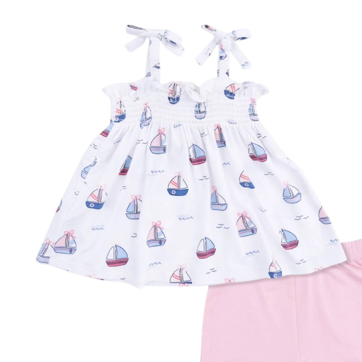 Angel Dear - Kids Bubbly Sailboats Smocked Top & Bike Short Set