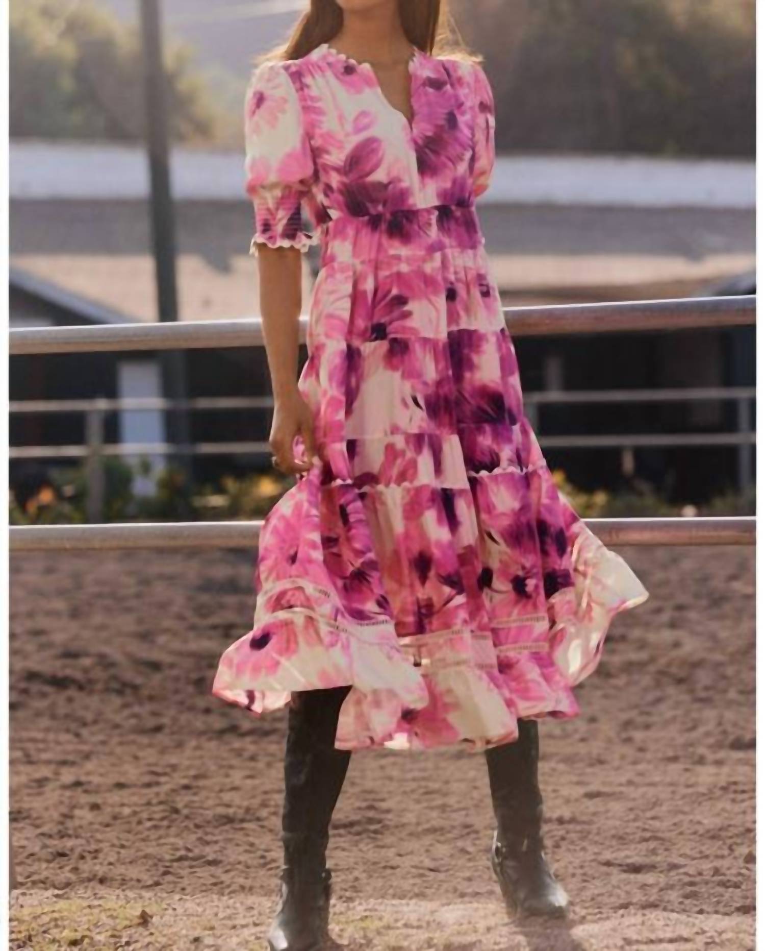 Johnny Was Women's Daphne Tea Length Dress in Pink, Size Large, Floral