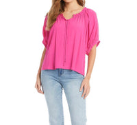 Karen Kane Paige Short Sleeve Ruffle Tie-neck Top in bright pink - women's blouse