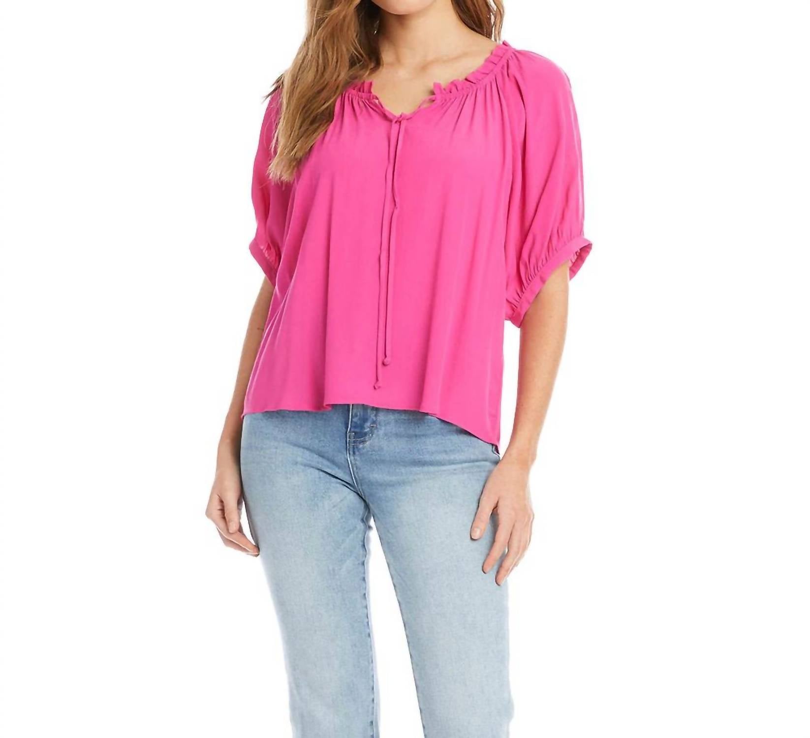 Karen Kane Paige Short Sleeve Ruffle Tie-neck Top in bright pink - women's blouse