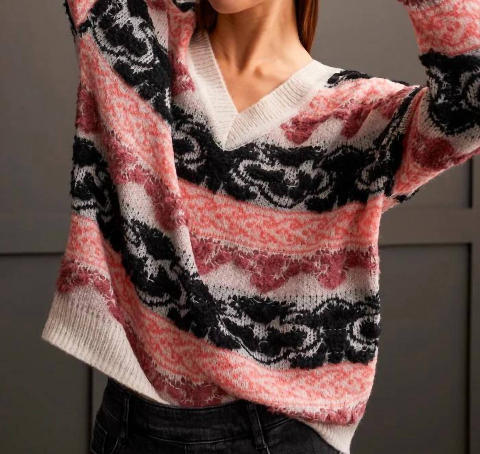 Tribal - Looped Yarn V-neck Sweater