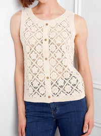 CHARLIE B Reversible Crochet Button Up Sleeveless Vest in natural - women's jacket - detail view