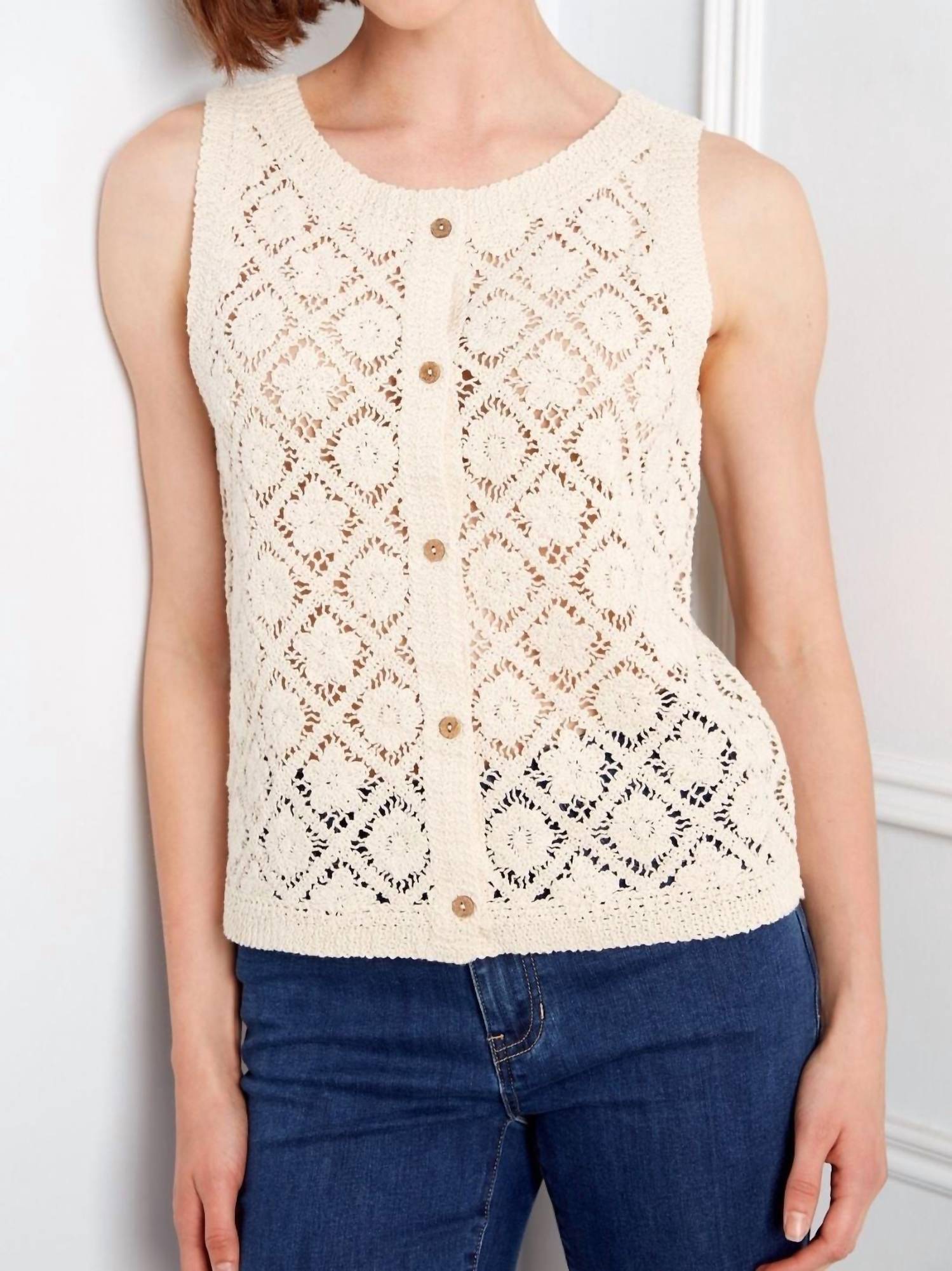 CHARLIE B Reversible Crochet Button Up Sleeveless Vest in natural - women's jacket - detail view