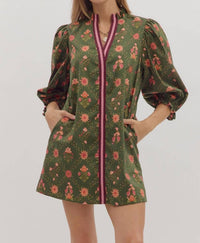 Entro - Floral Print 3/4 Sleeve Dress With Contrast Trim