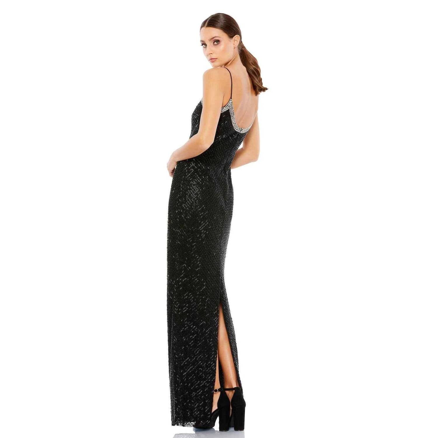 Ieena For Mac Duggal - Beaded Spaghetti Strap Column Gown