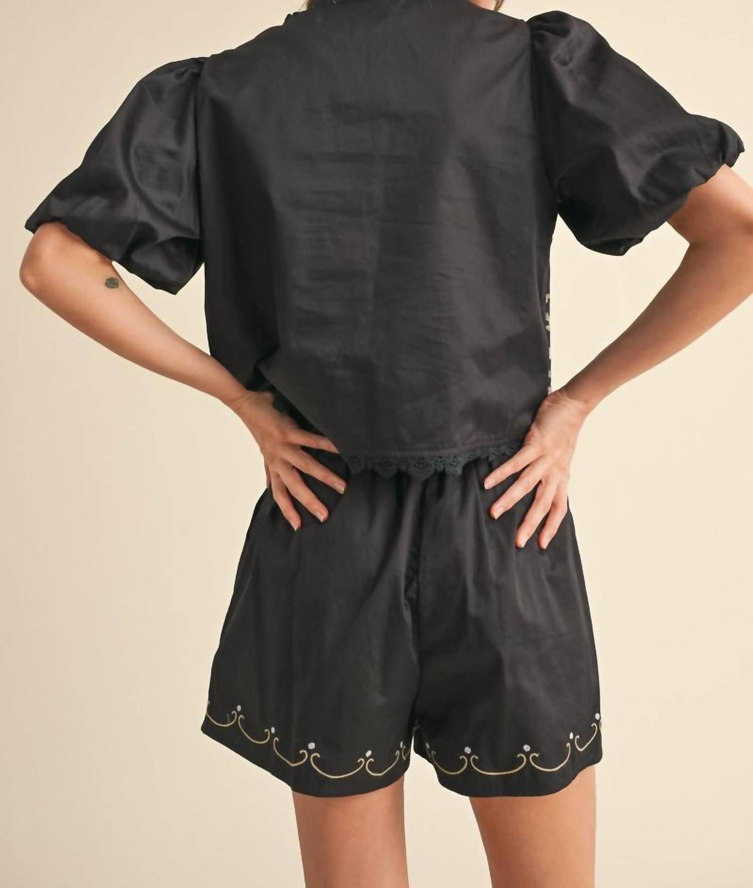 &Merci - Floral Embroidery Lace Trom Top And Shorts Set