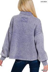 Zenana - Acid Wash Fleece Cropped Shacket With Front Pockets