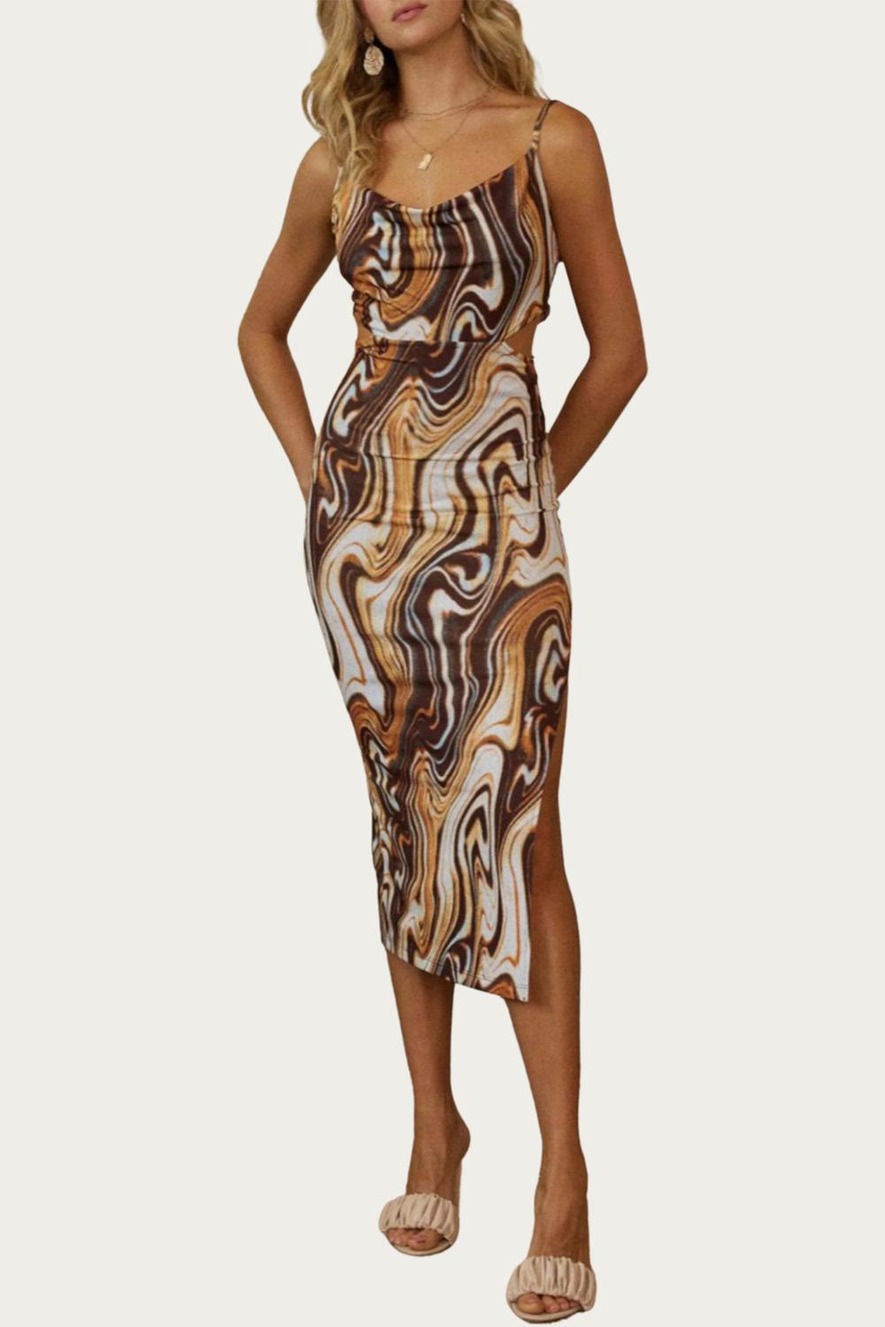 MARBLE-PRINT COWL STRETCH-JERSEY CUTOUT MIDI DRESS