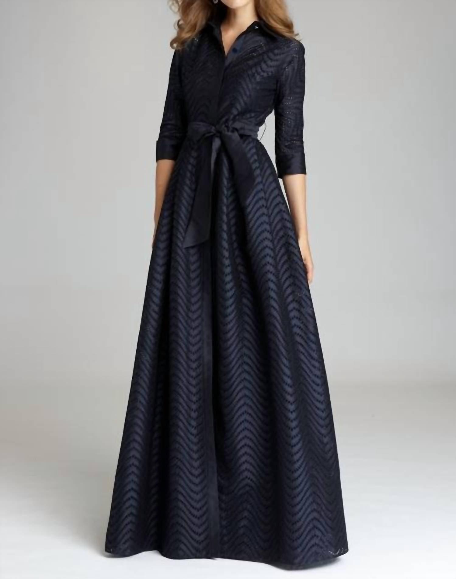 Teri Jon - Shirt Waist Taffeta Chevron Pattern Eyelet Gown