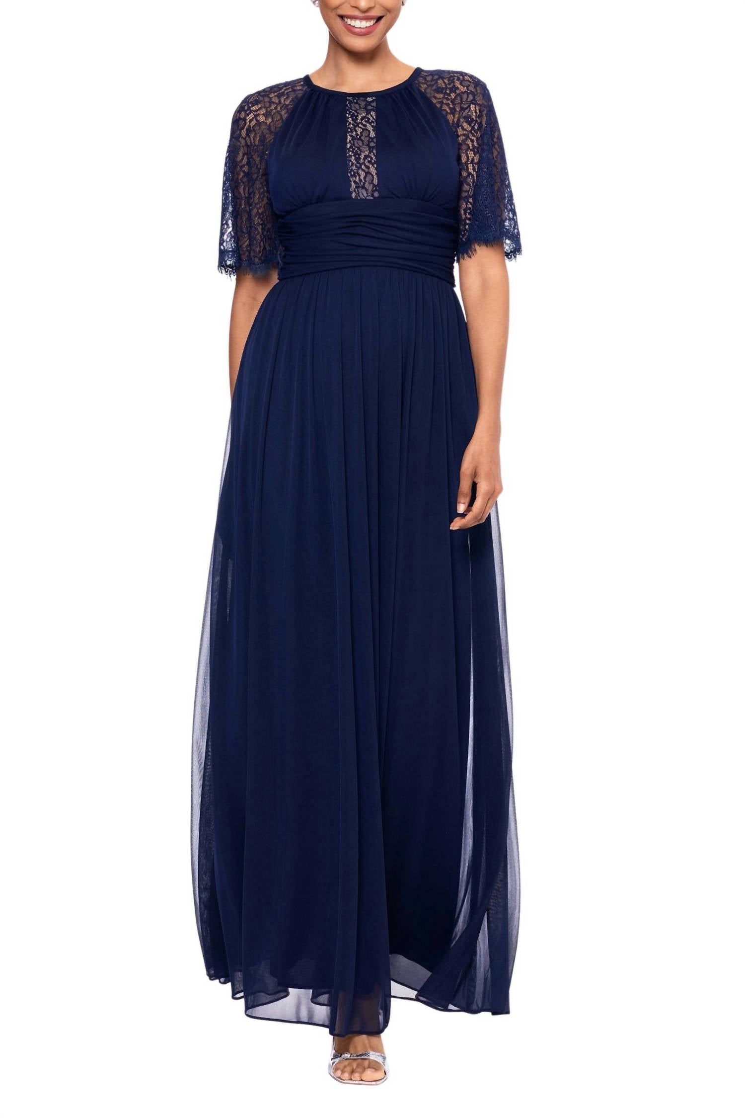 Betsy & Adam - Chrissy Lace Sleeves Ruffled Fitted Dress