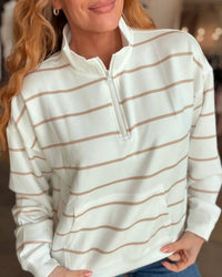 ocean drive Stripe Cloud Quarter Zip Top in bright ivory - women's sweater