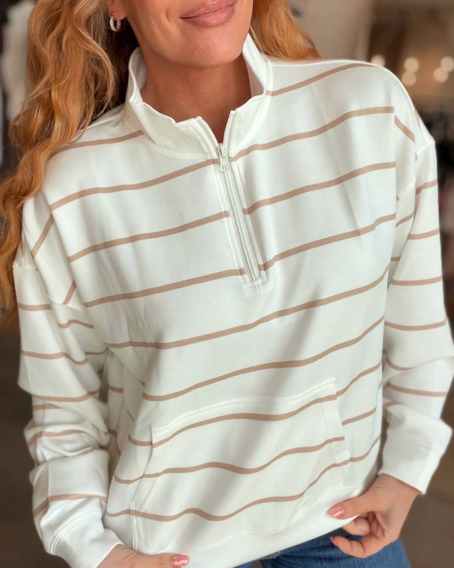 ocean drive Stripe Cloud Quarter Zip Top in bright ivory - women's sweater