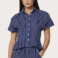 LUSANA Tailor Blouse in indigo stripe - women's blouse