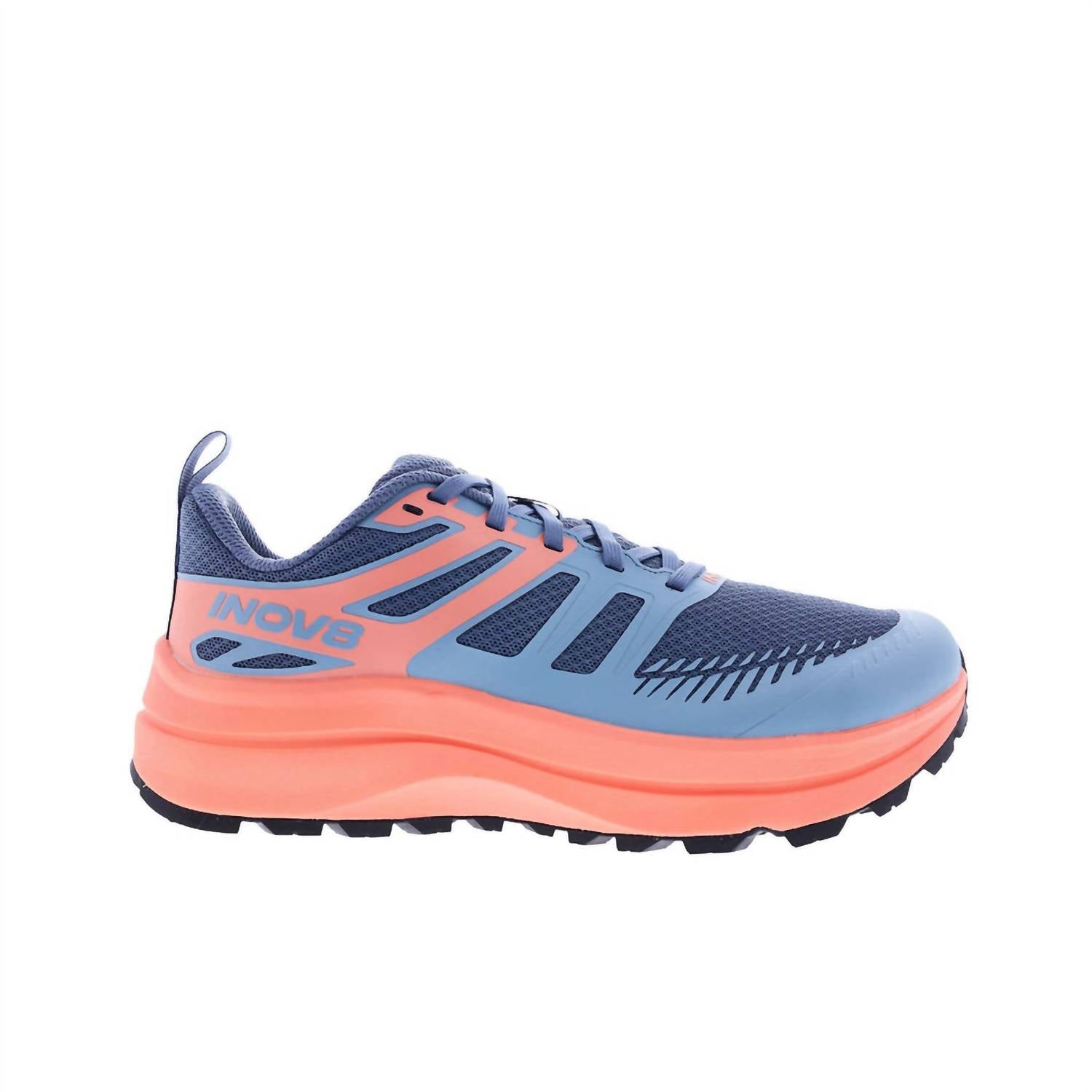 inov-8 Women's Trailfly Max Shoe in blue grey coral light grey - women's shoe - detail view