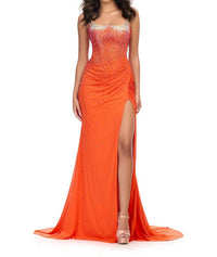 ASHLEYlauren Beaded Corset Spaghetti Strap Gown in orange - women's dress