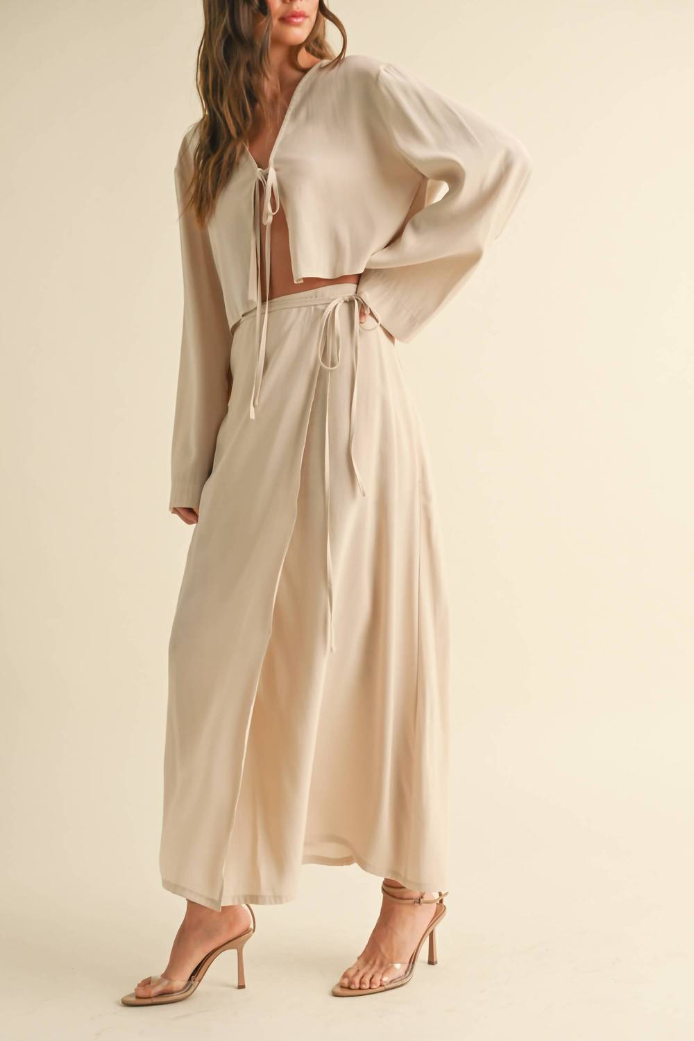 MIOU MUSE Tencel Long Wrap Skirt in beige - women's skirt - alternate view