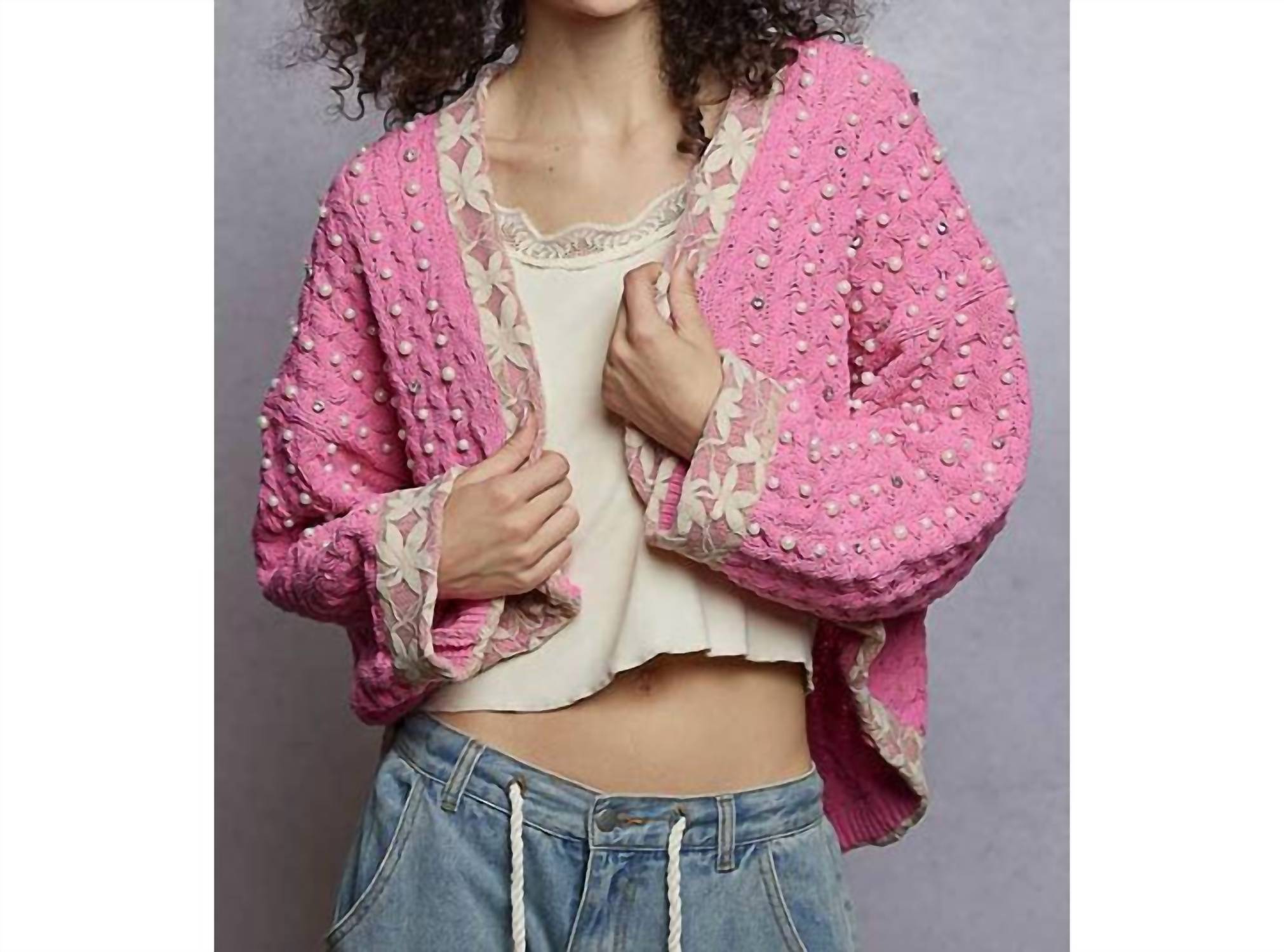 POL Pearl Petals Cardigan in pink - women's cardigan - detail view
