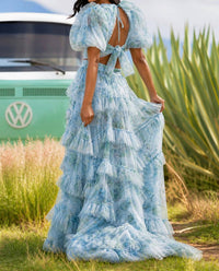 Sherri Hill Two Piece Ruffle Skirt Gown Set in light blue floral - women's dress - detail view