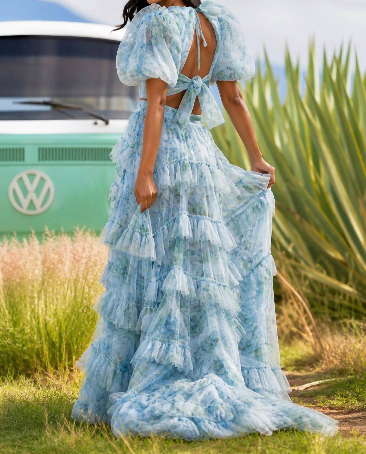 Sherri Hill Two Piece Ruffle Skirt Gown Set in light blue floral - women's dress - detail view